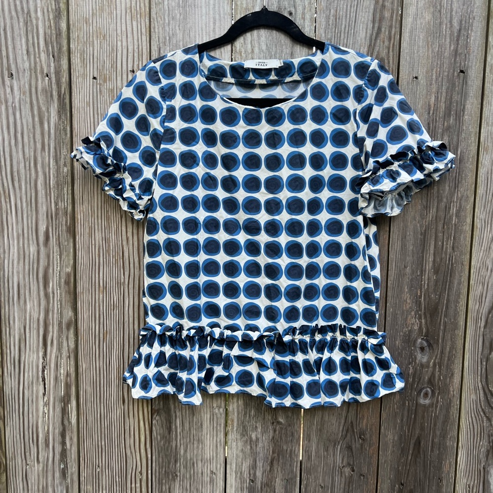 0039 ITALY Polka Dot Short Sleeve Ruffle Top Women’s XS